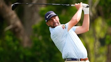 Michael Block tees off during the Charles Schwab Challenge