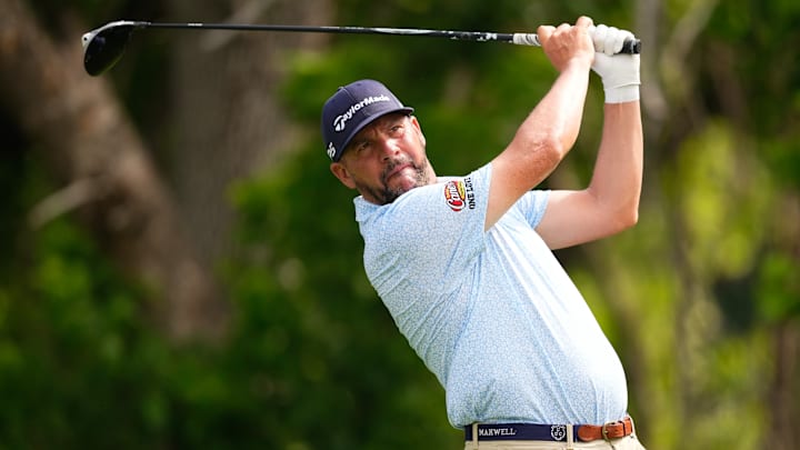 Michael Block tees off during the Charles Schwab Challenge