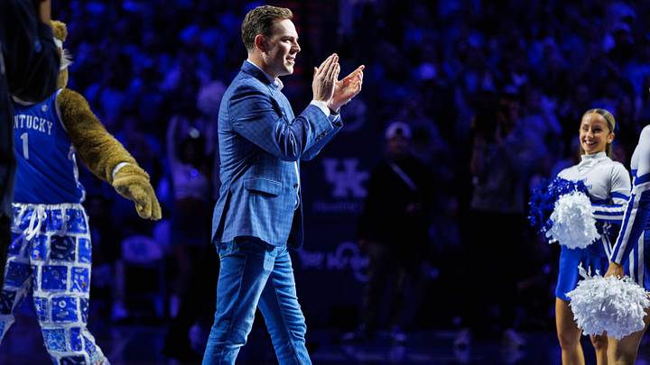Dec 2, 2025; Lexington, Kentucky, USA; Incoming Kentucky Wildcats head football coach Will Stein is introduced during the first half against the North Carolina Tar Heels at Rupp Arena at Central Bank Center. Mandatory Credit: Jordan Prather-Imagn Images