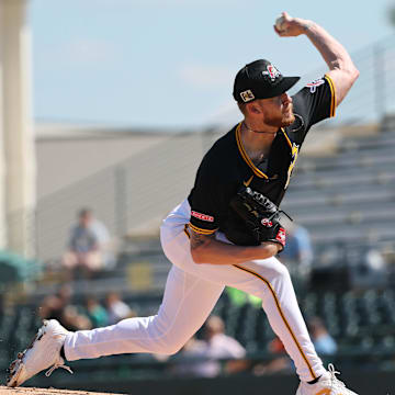 Feb 26, 2025; Bradenton, Florida, USA; Pittsburgh Pirates starting pitcher Bailey Falter (6) throws a pitch against the Baltimore Orioles during the first inning at LECOM Park. Mandatory Credit: Kim Klement Neitzel-Imagn Images