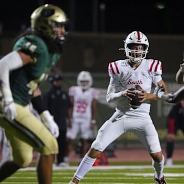 Millard South Jett Thomalla (4) looks for receivers against Basha during a game at Basha High School in Chandler on Aug. 30, 2024.