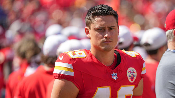 Aug 17, 2024; Kansas City, Missouri, USA; Kansas City Chiefs punter Matt Araiza (49) on the sidelines against the Detroit Lions during the game at GEHA Field at Arrowhead Stadium.