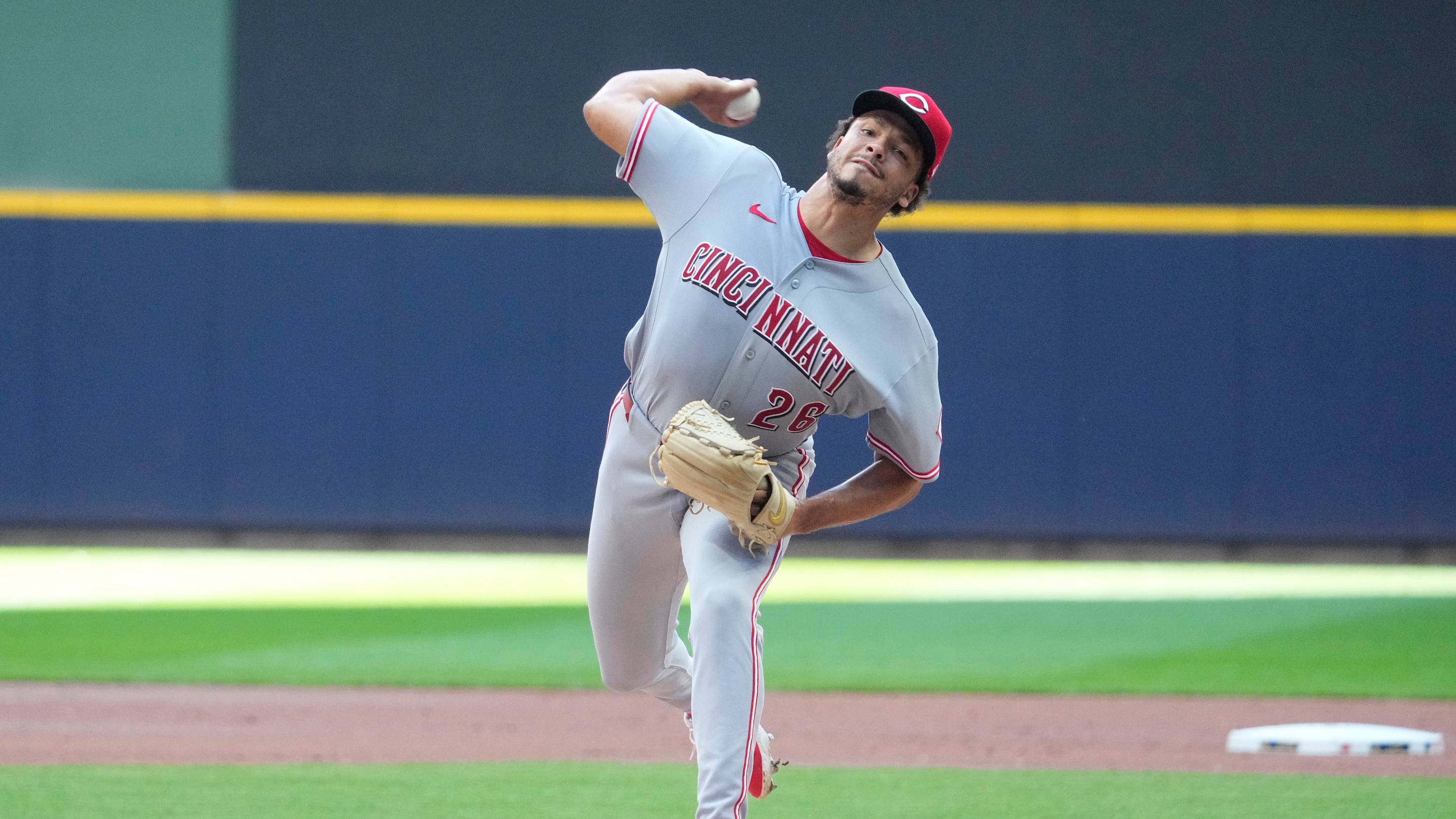 Jul 2, 2026; Milwaukee, Wisconsin, USA; Cincinnati Reds pitcher Chase Burns (26) delivers a pitch against the Milwaukee Brewers in the first inining at American Family Field. Mandatory Credit: Michael McLoone-Imagn Images