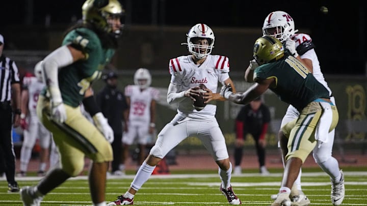 Millard South Jett Thomalla (4) looks for receivers against Basha during a game at Basha High School in Chandler on Aug. 30, 2024.