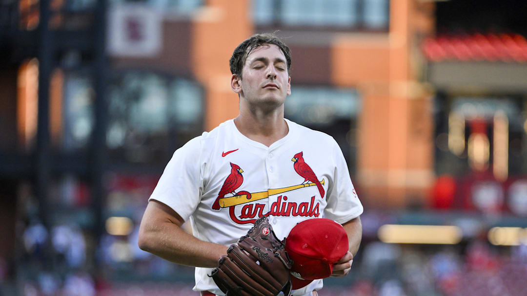 Aug 26, 2025; St. Louis, Missouri, USA;  St. Louis Cardinals starting pitcher Andre Pallante (53) walks off the field after the first inning against the Pittsburgh Pirates at Busch Stadium. Mandatory Credit: Jeff Curry-Imagn Images