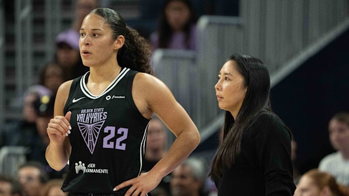 Golden State Valkyries guard Veronica Burton (22) and head coach Natalie Nakase during the third quarter against the Los Angeles Sparks at Chase Center. 
