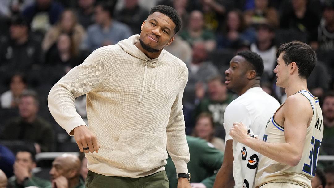 Apr 10, 2026; Milwaukee, Wisconsin, USA;  Milwaukee Bucks forward Giannis Antetokounmpo reacts following a play during the second quarter against the Brooklyn Nets at Fiserv Forum. Mandatory Credit: Jeff Hanisch-Imagn Images