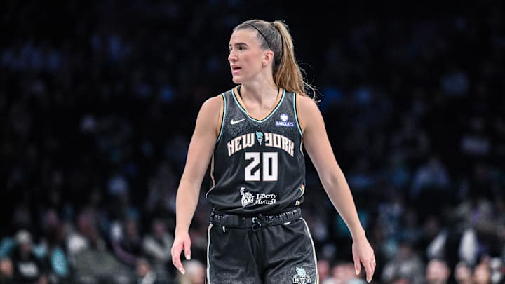 New York Liberty guard Sabrina Ionescu (20) during the first half against the Golden State Valkyries at Barclays Center. 