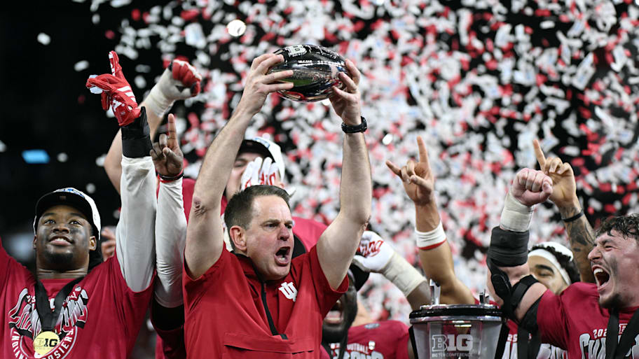 Hoosiers coach Curt Cignetti celebrates after winning the Big Ten championship game.
