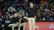 Nov 26, 2025; Las Vegas, NV, USA; Gonzaga Bulldogs head coach Mark Few reacts in the first half against the Michigan Wolverines in the 2025 Players Era Festival championship game at MGM Grand Garden Arena.