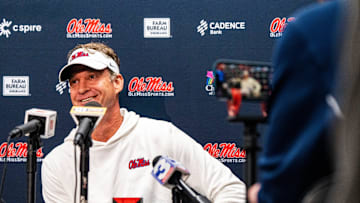 Ole Miss head coach Lane Kiffin answers questions from the press after a college football game between Mississippi State and Ole Miss at Davis Wade Stadium in Starkville, Miss., on Friday, Nov. 28, 2025. Ole Miss defeated Mississippi State 38-19 in the Egg Bowl.