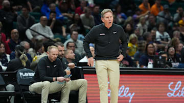 Nov 26, 2025; Las Vegas, NV, USA; Gonzaga Bulldogs head coach Mark Few reacts in the first half against the Michigan Wolverines in the 2025 Players Era Festival championship game at MGM Grand Garden Arena.