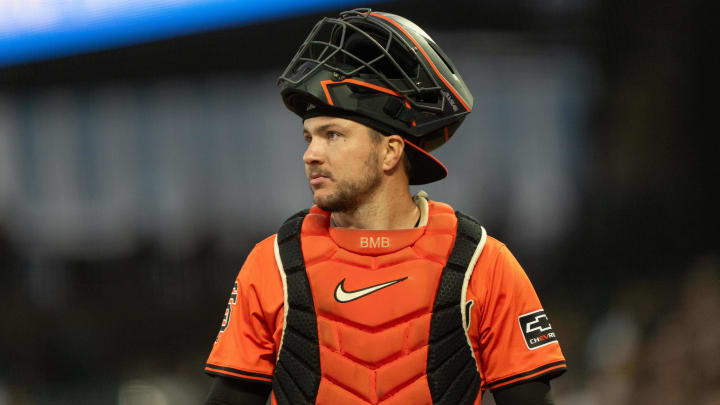 Jul 26, 2024; San Francisco, California, USA;  San Francisco Giants catcher Patrick Bailey (14) during the third inning against the Colorado Rockies at Oracle Park