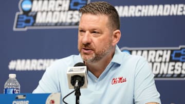 Mar 20, 2025; Milwaukee, WI, USA;  Mississippi Rebels head coach Chris Beard speaks during an NCAA Tournament First Round Practice press conference at Fiserv Forum. Mandatory Credit: Jeff Hanisch-Imagn Images