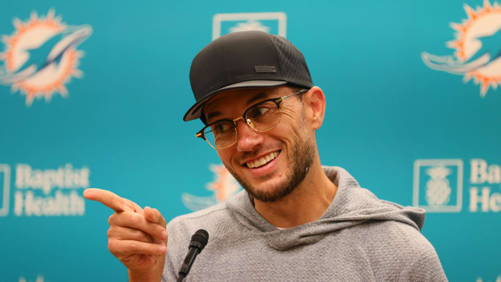 Jun 5, 2024; Miami Gardens, FL, USA; Miami Dolphins head coach Mike McDaniel speaks to reporters during mandatory minicamp at Baptist Health Training Complex. Mandatory Credit: Sam Navarro-USA TODAY Sports