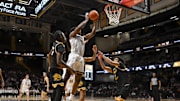 Nov 15, 2025; Nashville, Tennessee, USA;  Vanderbilt Commodores forward Ak Okereke (10) lays the ball in  against the Arkansas-Pine Bluff Golden Lions during the first half at Memorial Gymnasium. Mandatory Credit: Steve Roberts-Imagn Images