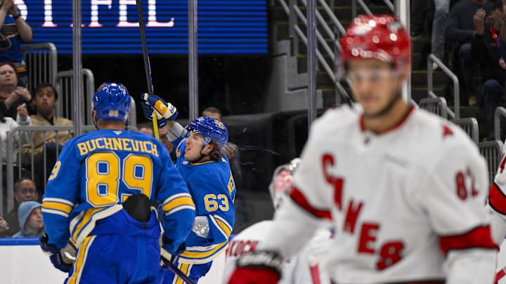 Oct 19, 2024; St. Louis, Missouri, USA;  St. Louis Blues left wing Jake Neighbours (63) celebrates after scoring against the Carolina Hurricanes during the second period at Enterprise Center. Mandatory Credit: Jeff Curry-Imagn Images