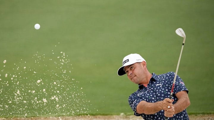 Apr 9, 2024; Augusta, Georgia, USA; Gary Woodland hits out of a bunker on no. 2.