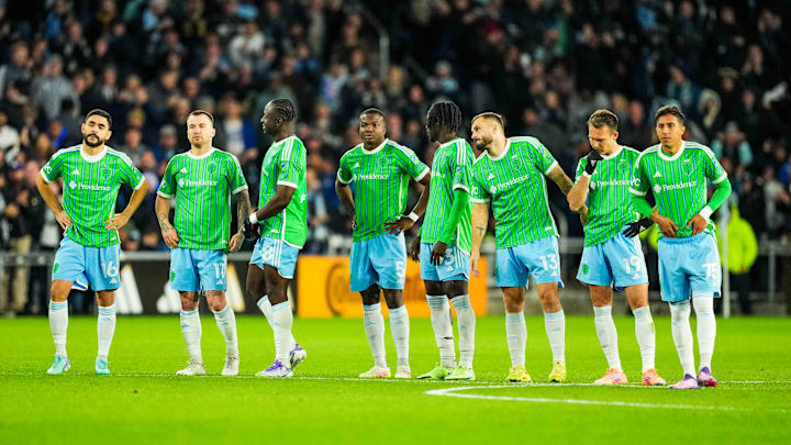 Oct 27, 2025; Saint Paul, Minnesota, USA; Members of the Seattle Sounders look on during the shootout against Minnesota United at Allianz Field. Mandatory Credit: Brace Hemmelgarn-Imagn Images