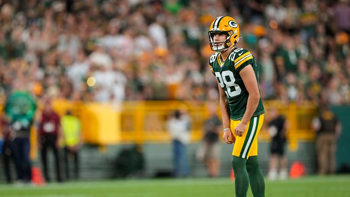 Aug 28, 2026; Green Bay, Wisconsin, USA;  Green Bay Packers kicker Trey Smack (28) during the game against the Arizona Cardinals at Lambeau Field. Mandatory Credit: Jeff Hanisch-Imagn Images