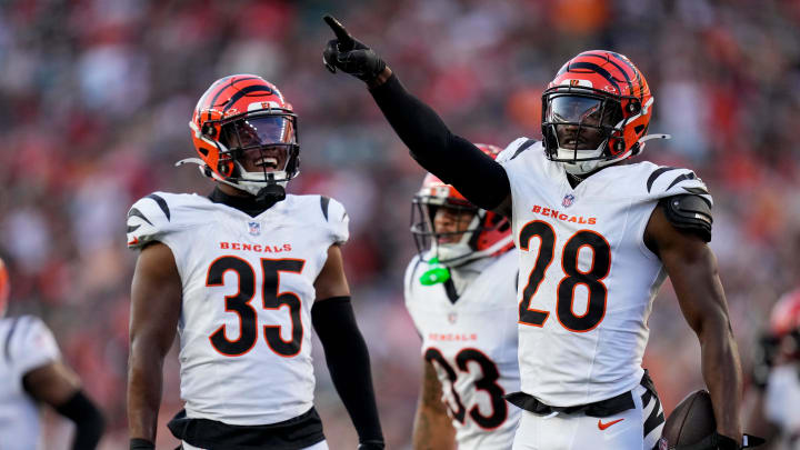 Cincinnati Bengals cornerback Josh Newton (28) celebrates an interception in the second quarter of the NFL Preseason Week 1 game between the Cincinnati Bengals and the Tampa Bay Buccaneers at Paycor Stadium in downtown Cincinnati on Saturday, Aug. 10, 2024.