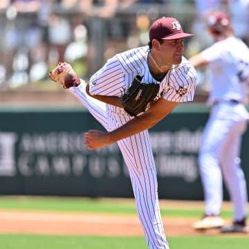 Jun 8, 2024; College Station, TX, USA; Texas A&M pitcher Ryan Prager (18) delivers a pitch during the first inning against the Oregon at Olsen Field, Blue Bell Park.