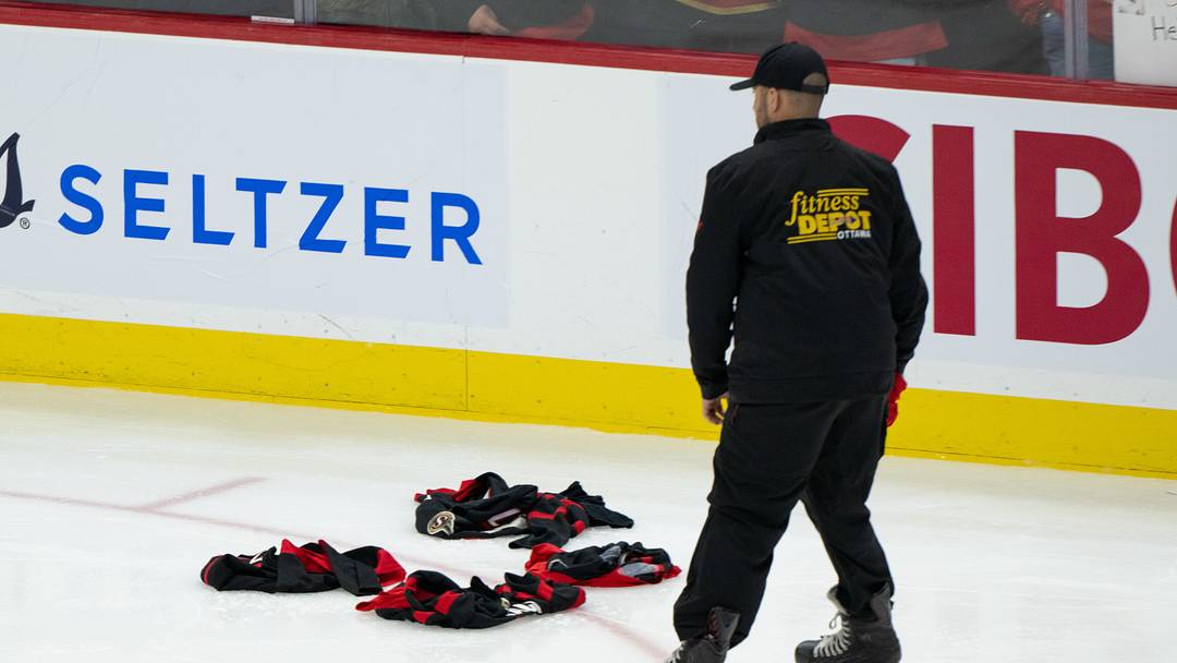 Oct 21, 2026; Ottawa, Ontario, CAN;  Ottawa Senators jerseys of former team captain Brady Tkachuk are thrown onto the ice throughout a game between the Florida Panthers and Ottawa Senators at the Canadian Tire Centre. Tkachuk now plays left wing for the Florida Panthers.  Mandatory Credit: Marc DesRosiers-Imagn