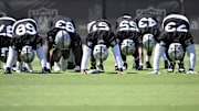 Jun 11, 2025; Henderson, NV, USA; Members of the Las Vegas Raiders warm up during Las Vegas Raiders Minicamp at Intermountain Health Performance Center. Mandatory Credit: Candice Ward-Imagn Images