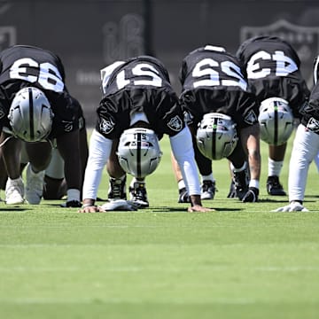 Jun 11, 2025; Henderson, NV, USA; Members of the Las Vegas Raiders warm up during Las Vegas Raiders Minicamp at Intermountain Health Performance Center. Mandatory Credit: Candice Ward-Imagn Images