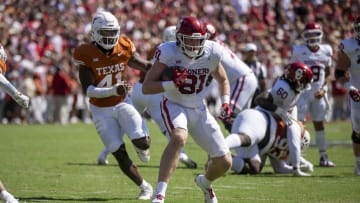 Oklahoma Sooners tight end Austin Stogner (81) hauls in a reception in a game last season against archrival Texas. Mandatory Credit: Jerome Miron-USA TODAY Sports