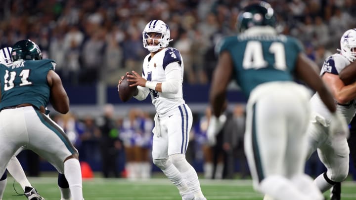 Dec 10, 2023; Arlington, Texas, USA; Dallas Cowboys quarterback Dak Prescott (4) throws a pass in the first half against the Philadelphia Eagles at AT&T Stadium. Mandatory Credit: Tim Heitman-USA TODAY Sports