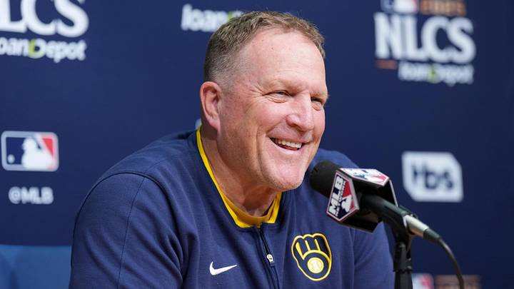 Oct 16, 2025; Los Angeles, California, USA; Milwaukee Brewers manager Pat Murphy (49) speaks in a press conference before game three against the Los Angeles Dodgers in the NLCS round for the 2025 MLB playoffs at Dodger Stadium. Mandatory Credit: Kirby Lee-Imagn Images