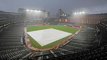 Oriole Park at Camden Yards during a rain delay