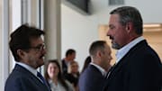 (Left) Texas Tech University President Lawrence Schovanec talks to the TTU System Board of Regents Chairman Cody Campbell at the USDA Agricultural Marketing Service Cotton Classification Complex on April 16, 2025 in Lubbock, TX.