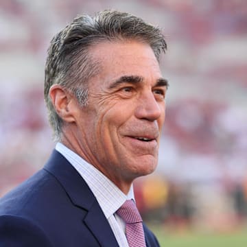 Oct 5, 2024; Fayetteville, Arkansas, USA; ABC announcer Chris Fowler prior to the game against the Tennessee Volunteers and the Arkansas Razorbacks at Donald W. Reynolds Razorback Stadium. Mandatory Credit: Nelson Chenault-Imagn Images