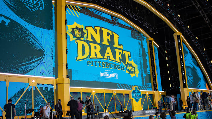 A side profile view of the center of the NFL Draft Stage, with the backdrop of the stage featuring a depiction of the Fort Pitt Bridge Wednesday, April 22, 2026 from outside Acrisure Stadium in Pittsburgh, Pa.