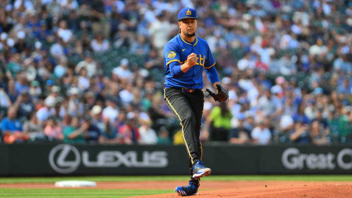 Seattle Mariners starting pitcher Luis Castillo pumps his fist after getting an out against the New York Mets on Aug. 11 at T-Mobile Park.