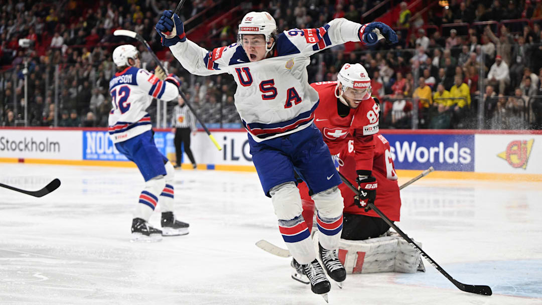 Tage Thompson scores the game-winning goal at the IIHF World Championship in Stockholm, Sweden on May 25, 2025. 