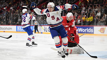 Tage Thompson scores the game-winning goal at the IIHF World Championship in Stockholm, Sweden on May 25, 2025. 