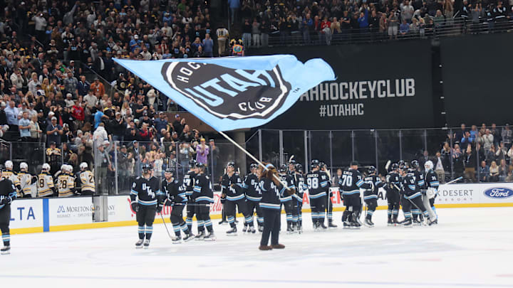 Oct 19, 2024; Salt Lake City, Utah, USA; Utah Hockey Club celebrate 2-1 win over Boston Bruins at Delta Center. Mandatory Credit: Harry Caston-Imagn Images
