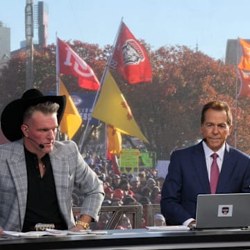 ESPN College GameDay analysts Pat McAfee, Nick Saban and Kirk Herbstreit at Texas Tech University on Nov. 8, 2025 in Lubbock, Texas.
