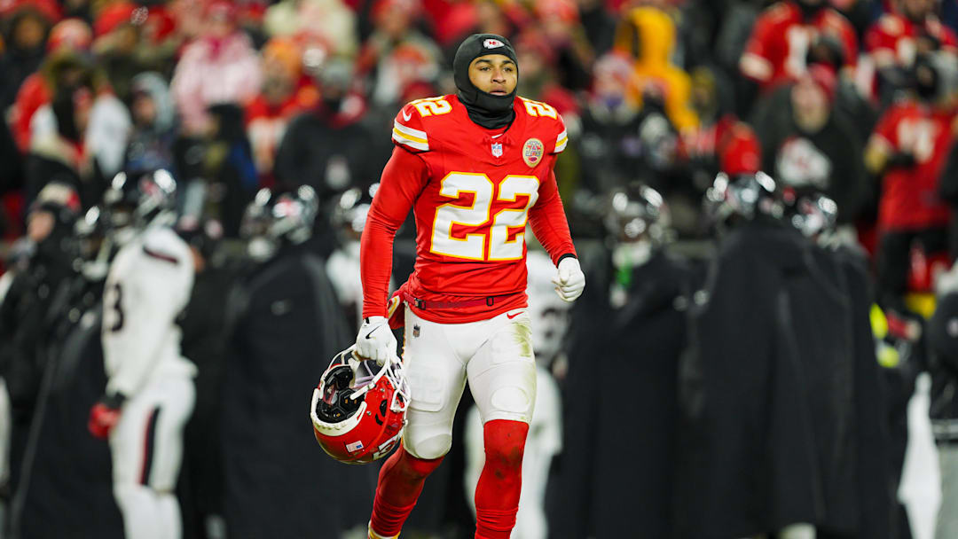 Jan 18, 2025; Kansas City, Missouri, USA; Kansas City Chiefs cornerback Trent McDuffie (22) reacts during the second half against Houston Texans in a 2025 AFC divisional round game at GEHA Field at Arrowhead Stadium. Mandatory Credit: Jay Biggerstaff-Imagn Images