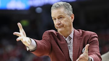 Jan 25, 2025; Fayetteville, Arkansas, USA; Arkansas Razorbacks head coach John Calipari reacts to a play int he second half against the Oklahoma Sooners at Bud Walton Arena. Oklahoma won 65-62. Mandatory Credit: Nelson Chenault-Imagn Images