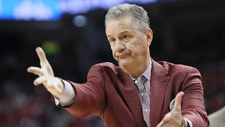 Arkansas Razorbacks coach John Calipari reacts to a play int he second half against the Oklahoma Sooners at Bud Walton Arena. Oklahoma won 65-62.