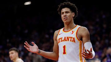 Atlanta Hawks forward Jalen Johnson (1) reacts to a call during the fourth quarter against the Sacramento Kings. 