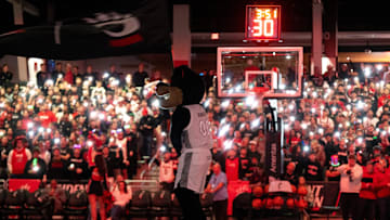 Cincinnati Bearcats mascot waives a flag in before the NCAA basketball game between the Cincinnati Bearcats and Arizona State Sun Devils at the Fifth Third Arena in Cincinnati on Saturday, January 18, 2025.