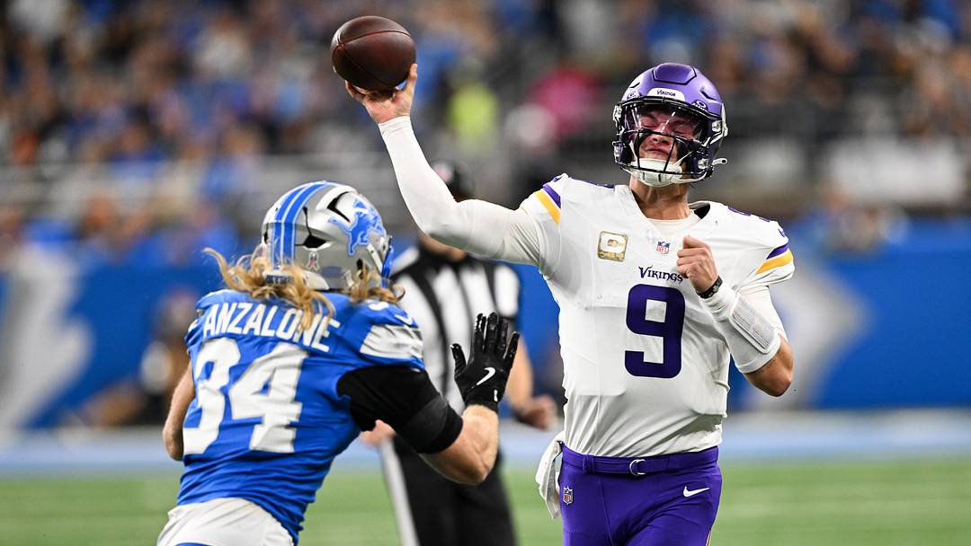 Nov 2, 2025; Detroit, Michigan, USA; Minnesota Vikings quarterback J.J. McCarthy (9) throws the ball during the first quarter against the Minnesota Vikings at Ford Field. Mandatory Credit: Lon Horwedel-Imagn Images