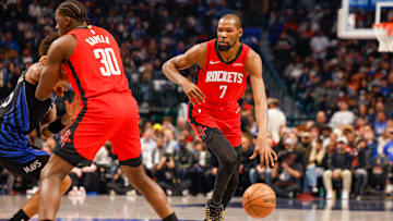 Dec 6, 2025; Dallas, Texas, USA; Houston Rockets forward Kevin Durant (7) dribbles during the first quarter against the Dallas Mavericks at American Airlines Center. Mandatory Credit: Andrew Dieb-Imagn Images