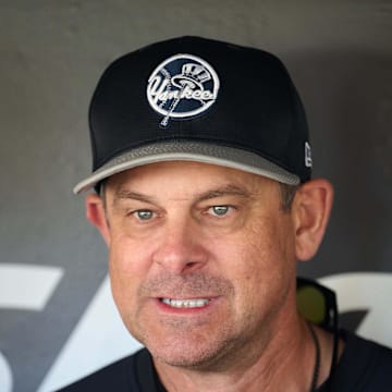 Jun 1, 2024; San Francisco, California, USA; New York Yankees manager Aaron Boone (17) reacts to a reporter's question while talking to the media before the game between the San Francisco Giants and the New York Yankees at Oracle Park. Mandatory Credit: Robert Edwards-Imagn Images