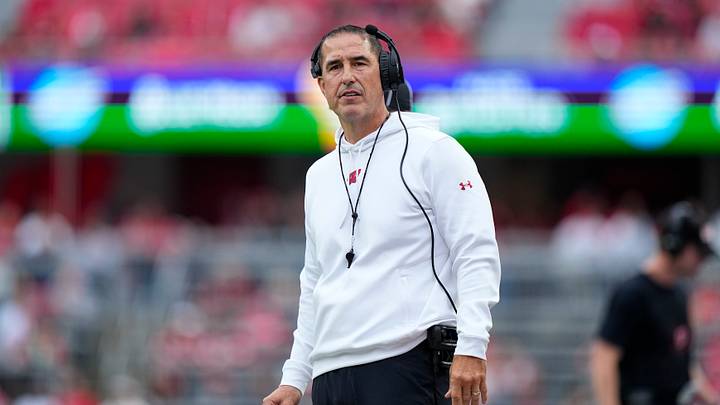 Sep 19, 2026; Madison, Wisconsin, USA;  Wisconsin Badgers head coach Luke Fickell looks on during the first quarter against the Eastern Michigan Eagles at Camp Randall Stadium. Mandatory Credit: Jeff Hanisch-Imagn Images